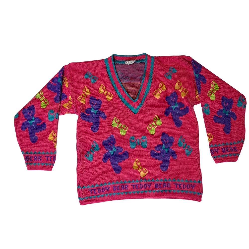 Jet set Sweaters Size L 14 Vintage Youth Knit Teddy Bear Bow Pink V-Neck Sweater